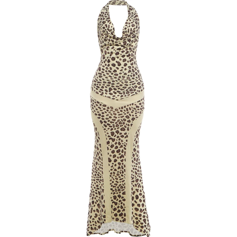 Weird Puss Leopardenmuster Rückenfreies Kleid Damenmode Hottie Neckholder Swing-Ausschnitt Ärmellos Elegantes Abendkleid Party Club Bodycon – Detail 2
