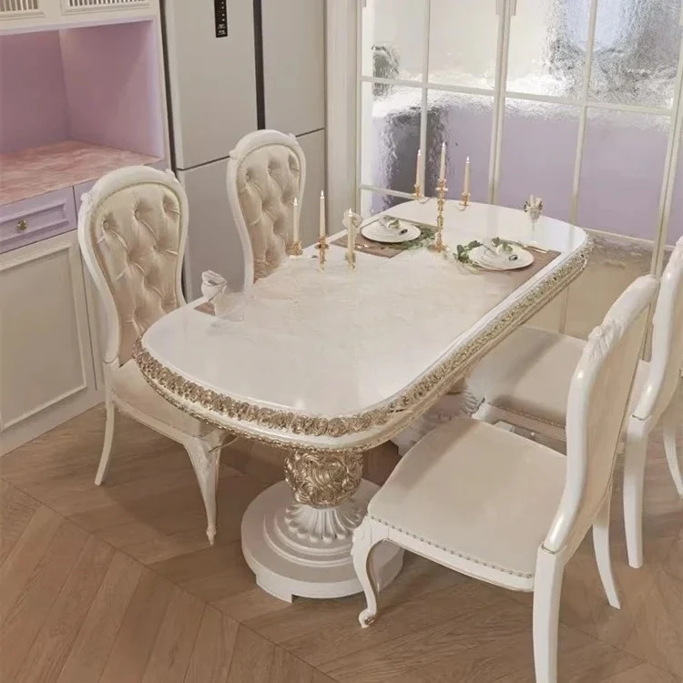 

Y French light luxury retro style solid wood dining table carved pink rectangular dining table and chair combination
