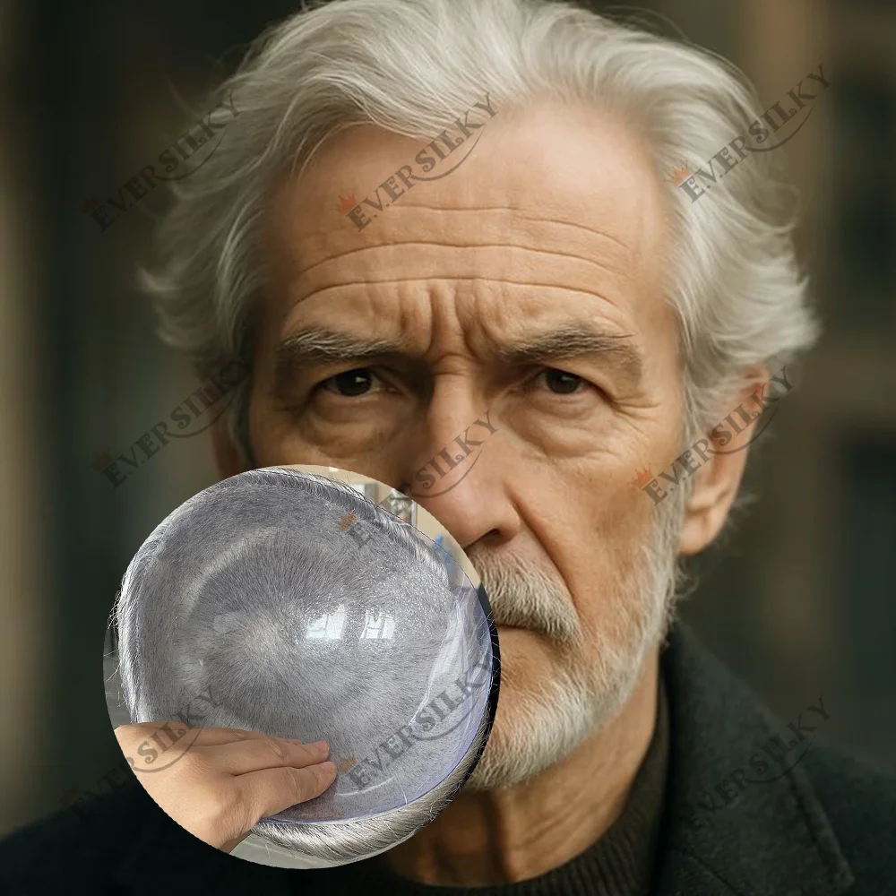 Super Natural Hairline 80%Density 0.02mm Ultra Thin Skin Invisible Vloop 1B50 520# Grey Men Toupee Human Hair Capillary Prosthes