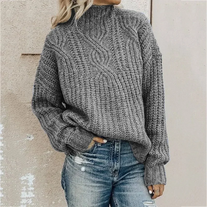 Women Fashion Sweater Fall/Winter 2024 New Knitted Warm Pullovers Solid Color High Neck Loose Tops Elegant Daily Commuting Wear