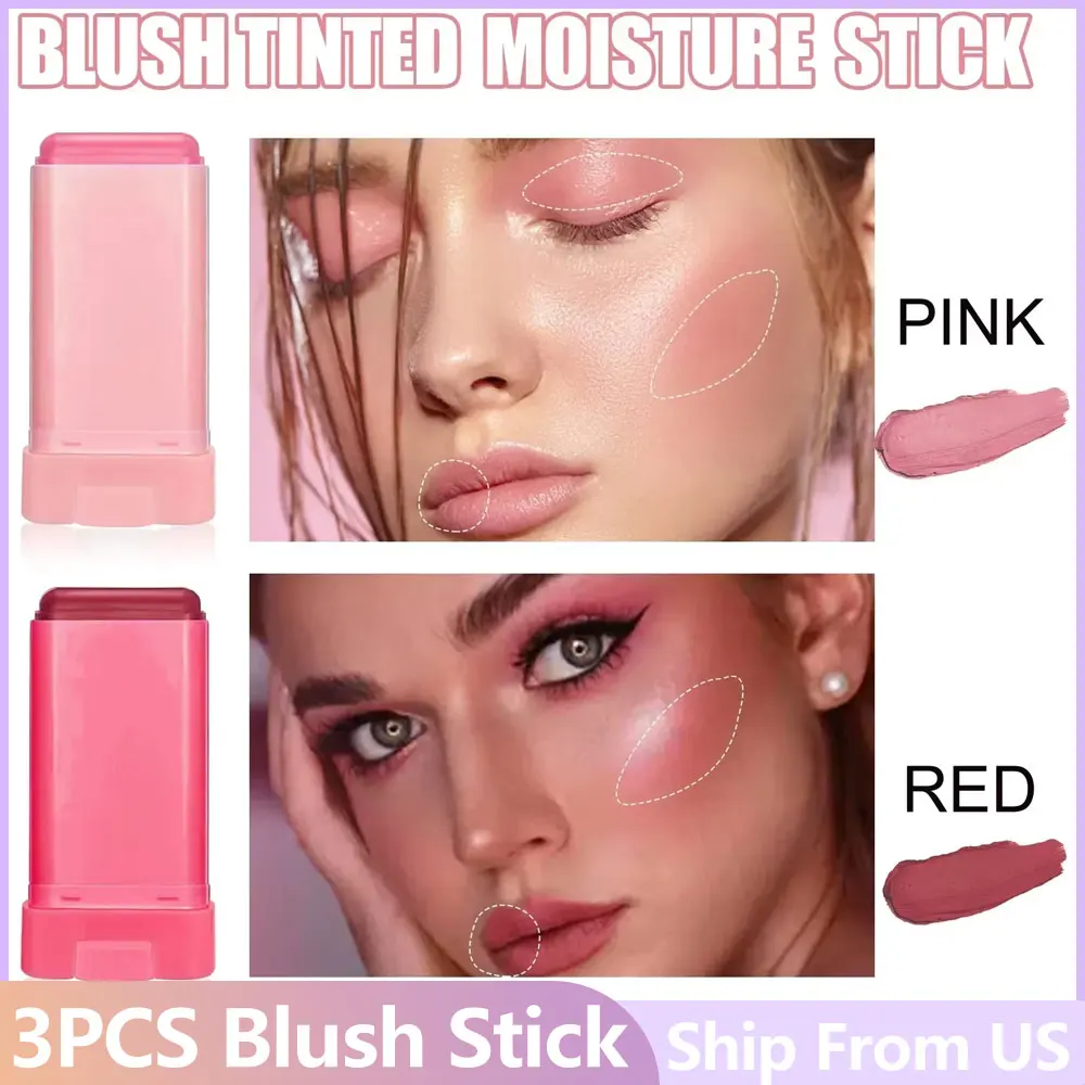 3pcs Red/Pink Silky Matte Pearl Blush Cream Hydrating Lip Waterproof Lasting Cheek Blush Cream Stick Apply Blush Natural Makeup