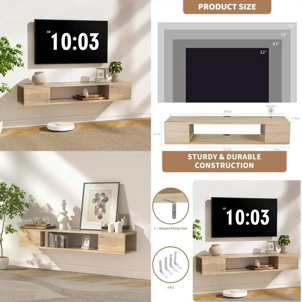 

Space-Saving Wall-Mounted TV Stand with Storage, Natural Oak Entertainment Center for Living Room