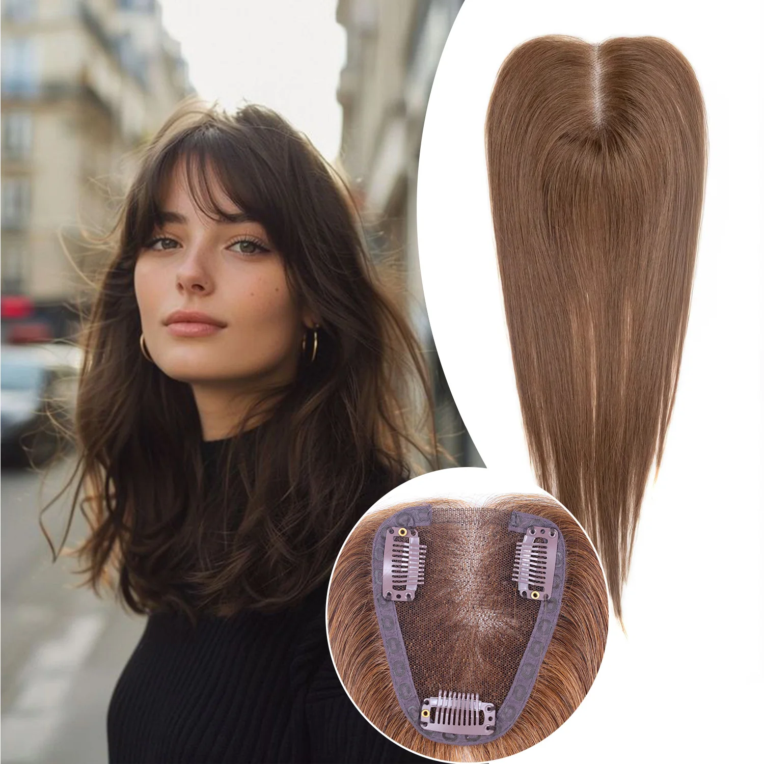 

16-дюймовые накладки для волос из натуральных волос средней коричневой цветовой гаммы для женщин, дышащие, с невидимым кружевным основанием, для женщин с выпадением волос или редкими прядями.