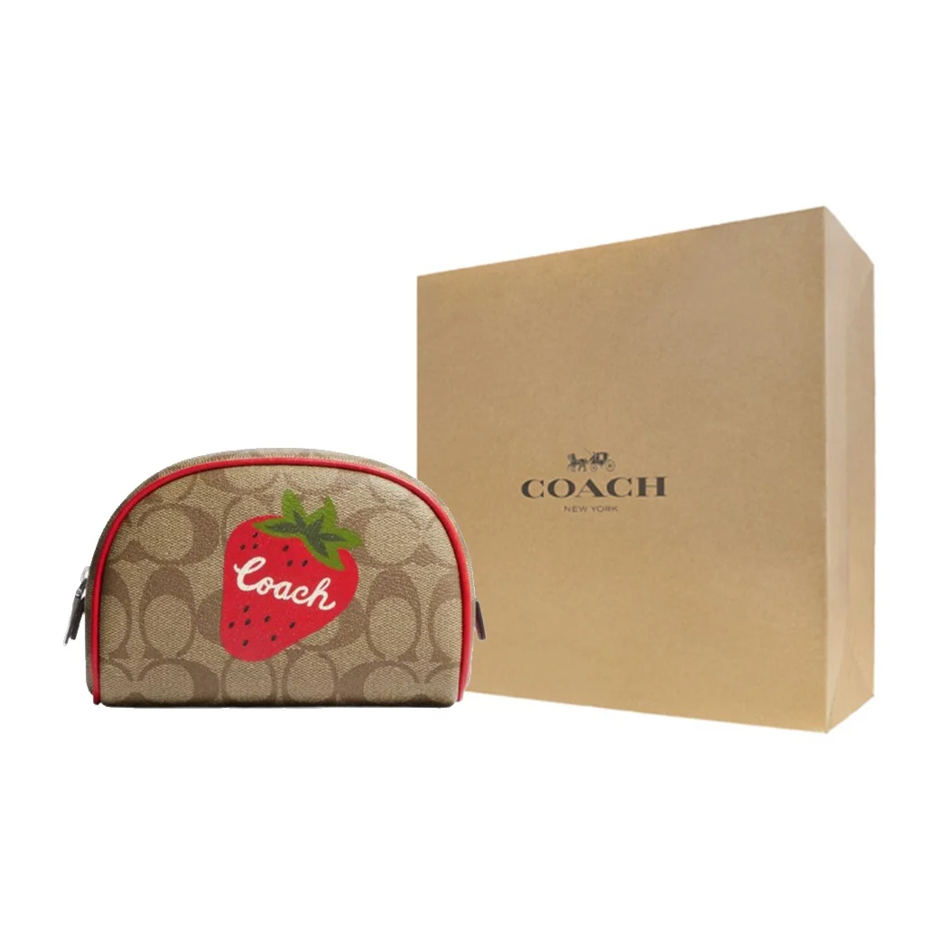 COACH Dome Leather Handheld Makeup Bag Small Women's Red & Brown CH528-SVRVB