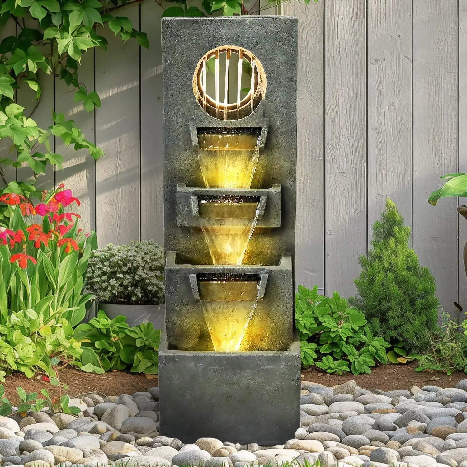 39.3”H Modern Outdoor Waterfall Fountain - Tall Indoor Relaxing Floor Fountain Outdoor with Light&Pump