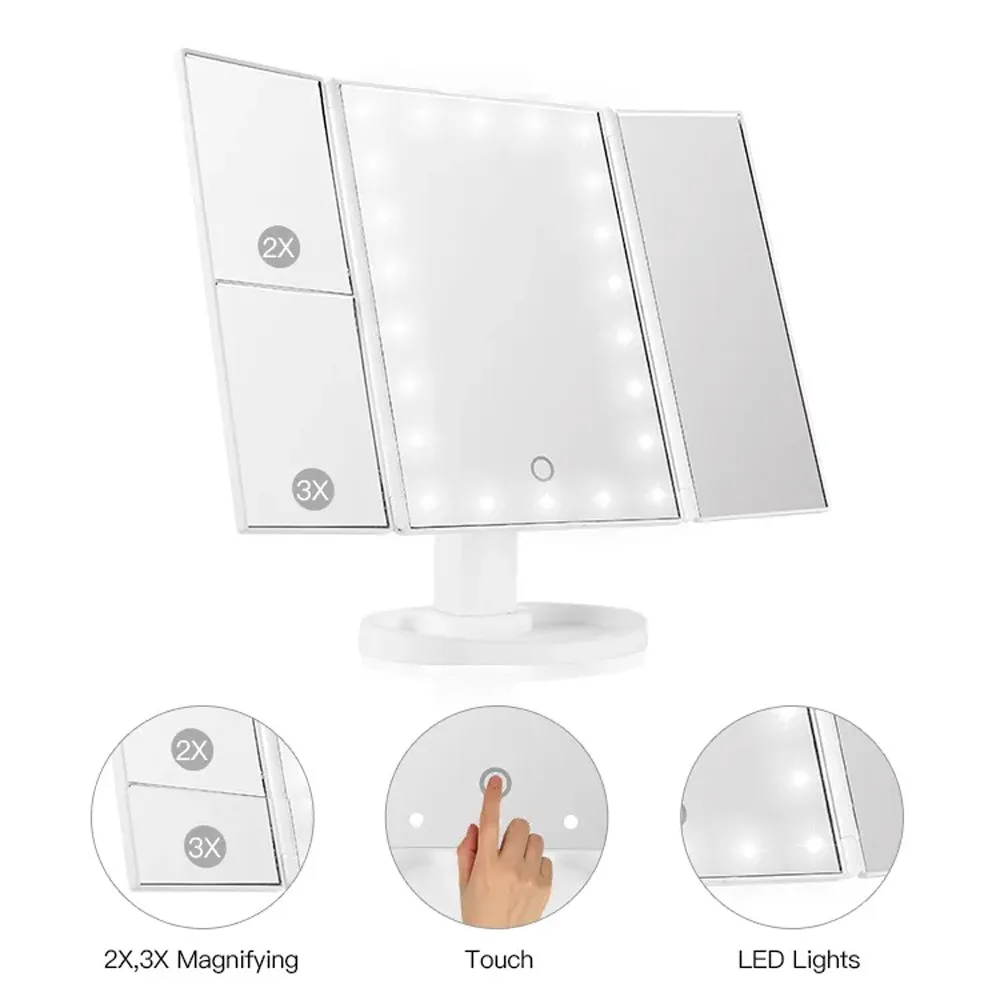 Miroir de maquillage de vanité LED avec commande tactile, éclairage réglable 1X, 2X, grossissement 3X, conception à trois volets, cadeau idéal pour les femmes