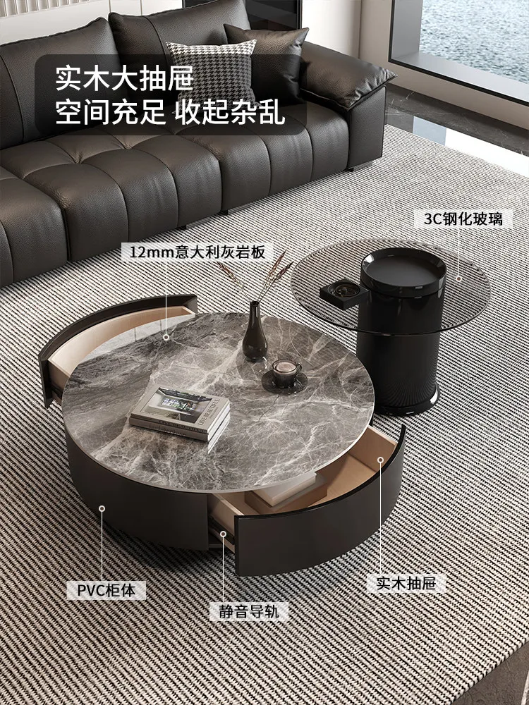 Italian gray rock slab coffee table living room household light luxury round coffee table small apartment table high-end coffee