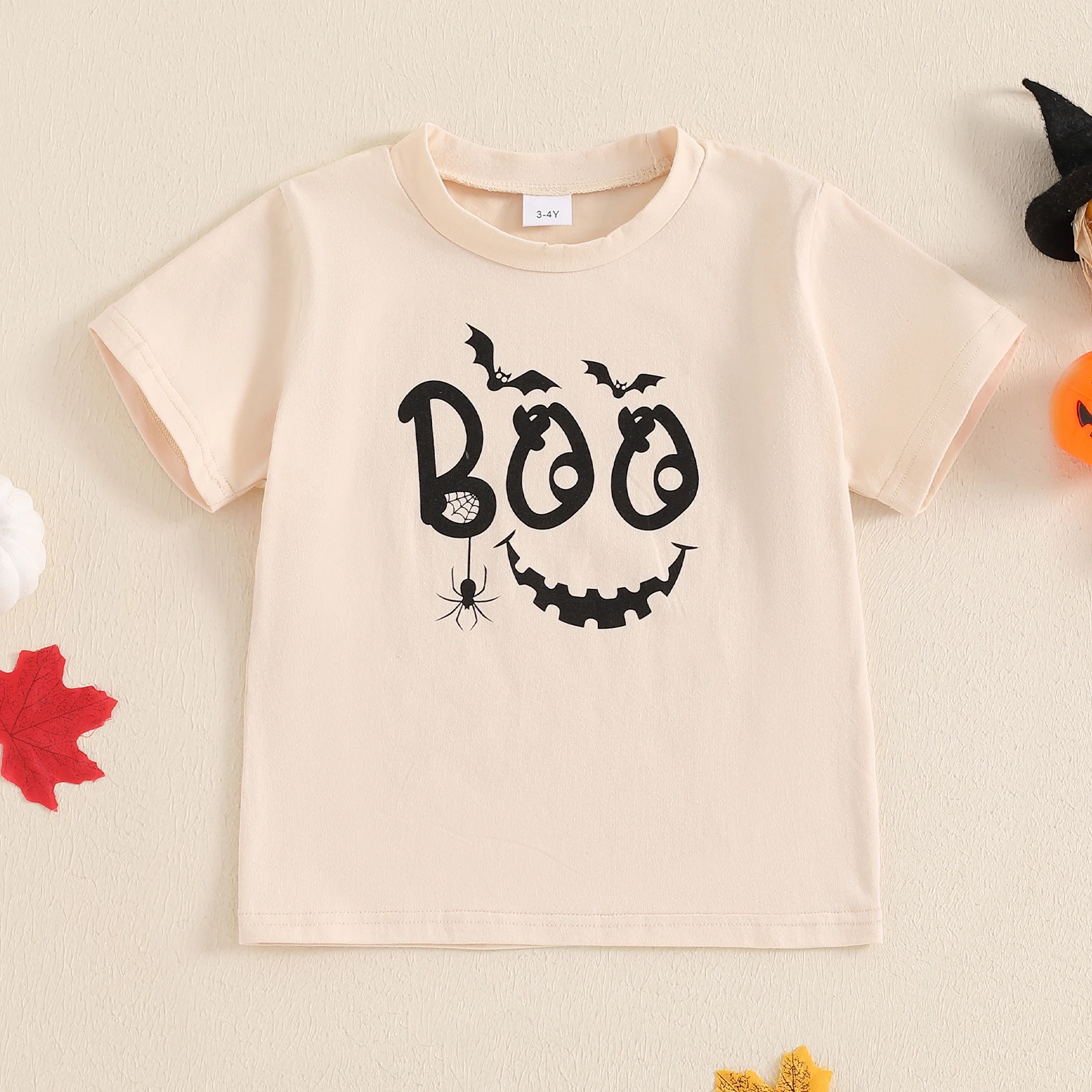 FOCUSNORM atasan anak balita 2-7 tahun, baju atasan motif kerangka hantu leher kru lengan pendek Halloween, Kaus anak perempuan dan laki-laki, usia 2-7 tahun