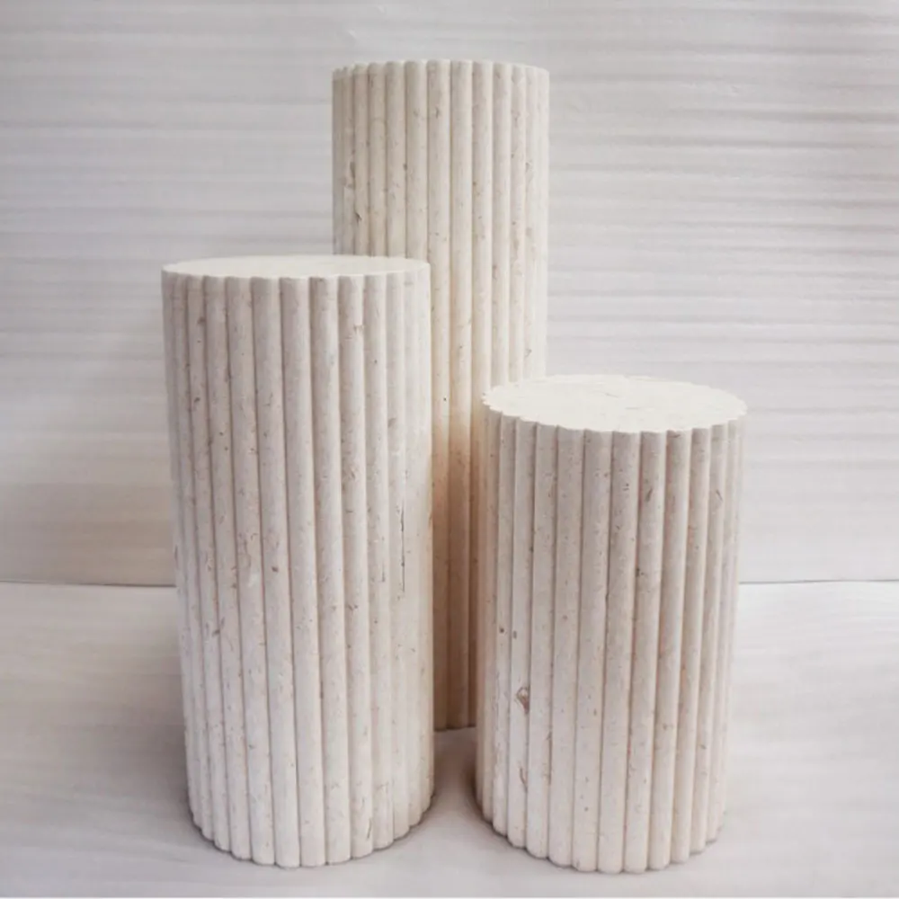 New Product Natural Stone Round Pedestal Side Table Beige Travertine Limestone Marble Plinth