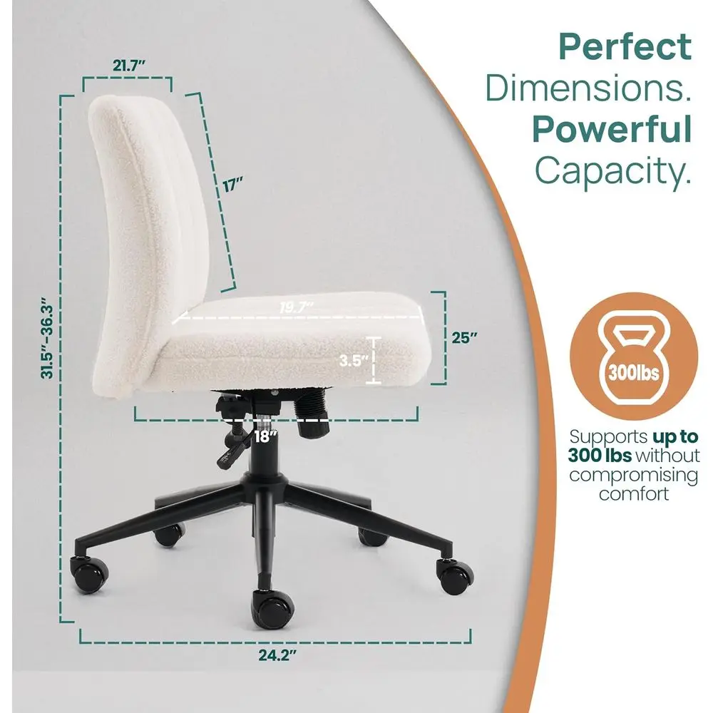 Wheeled Armless Desk Chair for Cross-Legged Sitting, 360° Swivel & 120° Rocking, White Sherpa Comfort