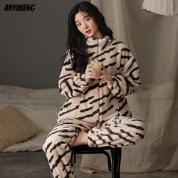 Thickened Warm Flannel Women Pajama Sets Striped Long Top and Pants Woman Sleepwear Zipper Homewear Girl Nightwear