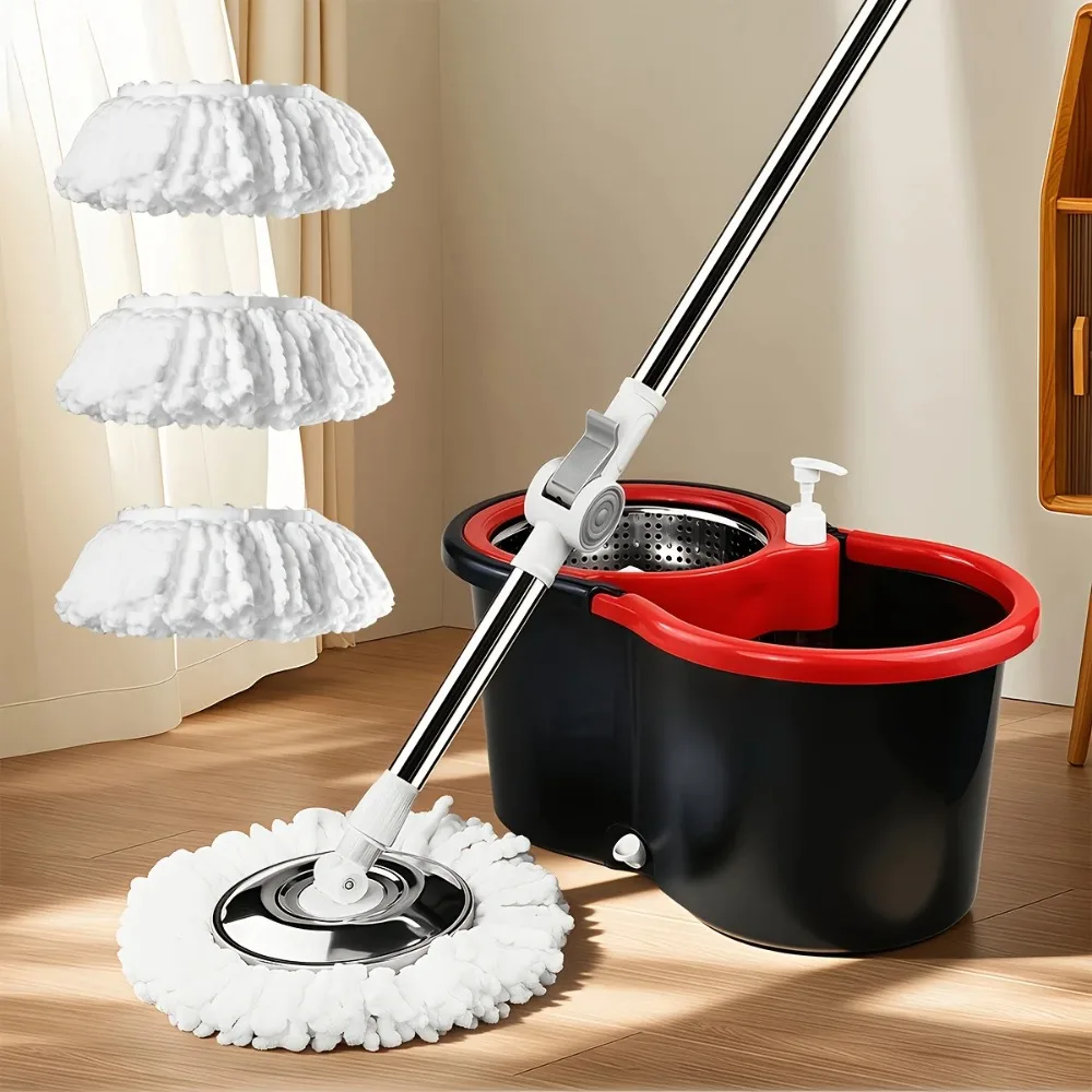 

360° Spin Mop Bucket Set – 3 Microfiber Heads, Stainless Steel Basket & 61" Extended Handle for Floor Cleaning