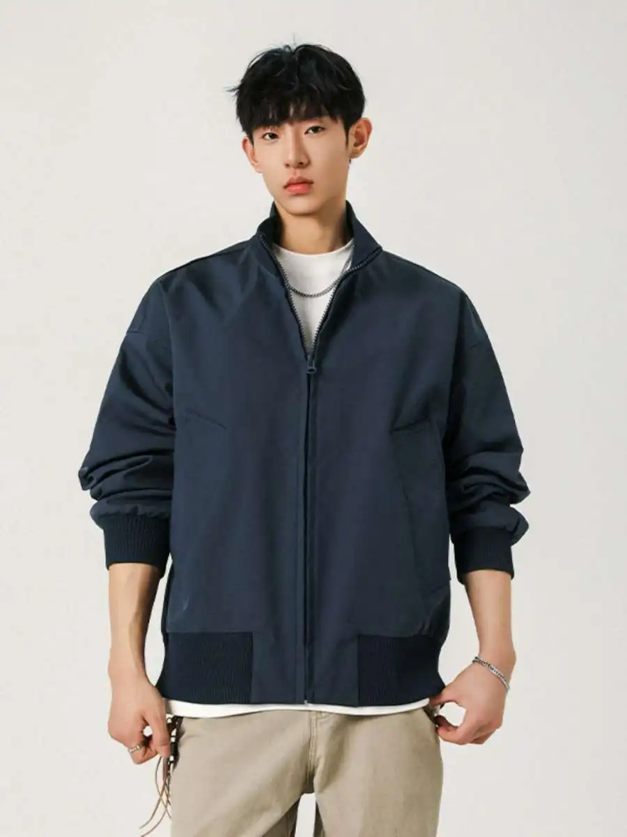 

Retro American Patchwork Stand Collar Jaet Men's Loose Fit ort Sle Workwear Coat Autumn Season Clean Line Design