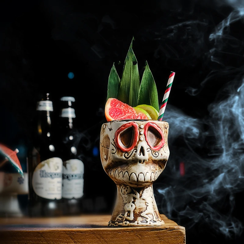 Halloween Skull Ceramic Mug - USA Creative Bar TIKI Skull Cocktail Glass Funny Vintage Drinking Goblet for Mixed Wine & Beer