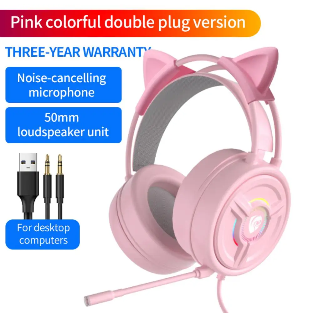 Wired Headset With Mic Stereo High Sound Quality Noise Reduction 3.5mm For Computer Pc  Laptop Earbuds Cat Ear Headphones