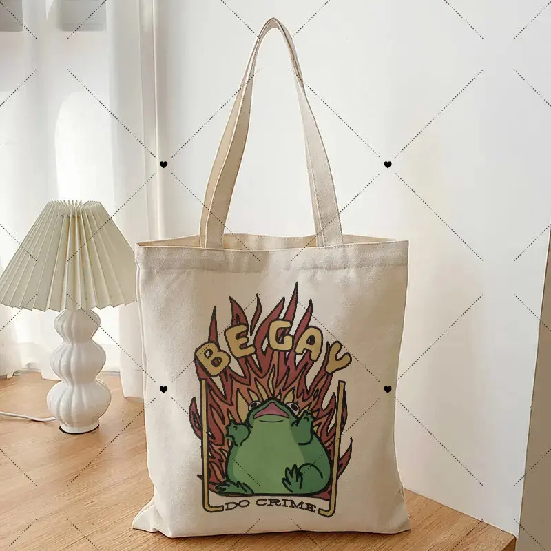 

Be Gay Beautiful Printing Fire Frog Leisban 2023 Fashion Popular Square Convenient Portable Women's Canvas Supermarket Tote Bag