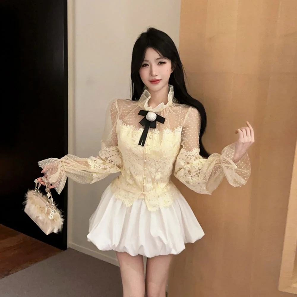 

High Waist Short Skirt And Lace Shirt Two Piece Set with Wood Grain for Women Sexy Style Casual Wear Polyester Fabric Lo...