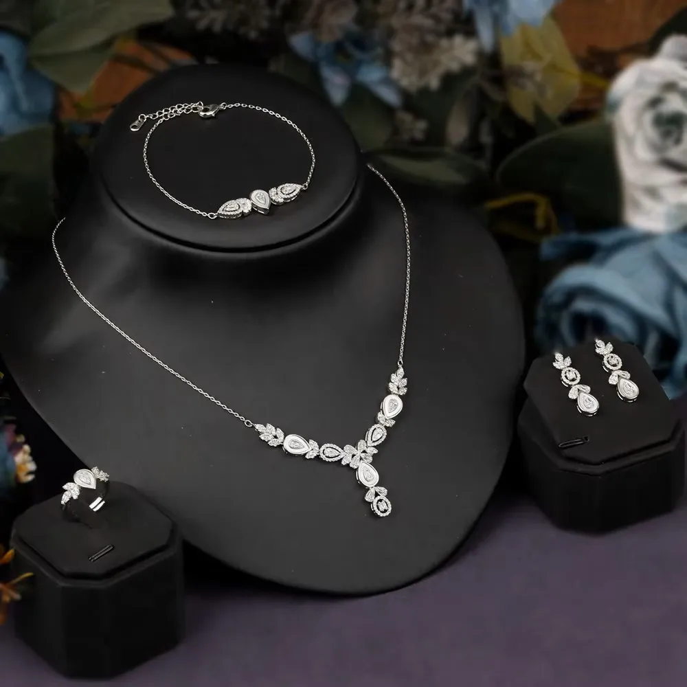 

JEWEL Trendy Fashion Small 4 PCS Jewelry Set Necklace Earrings Bracelet Ring Cubic Zirconia Romantic Bridal Wedding Jewellery