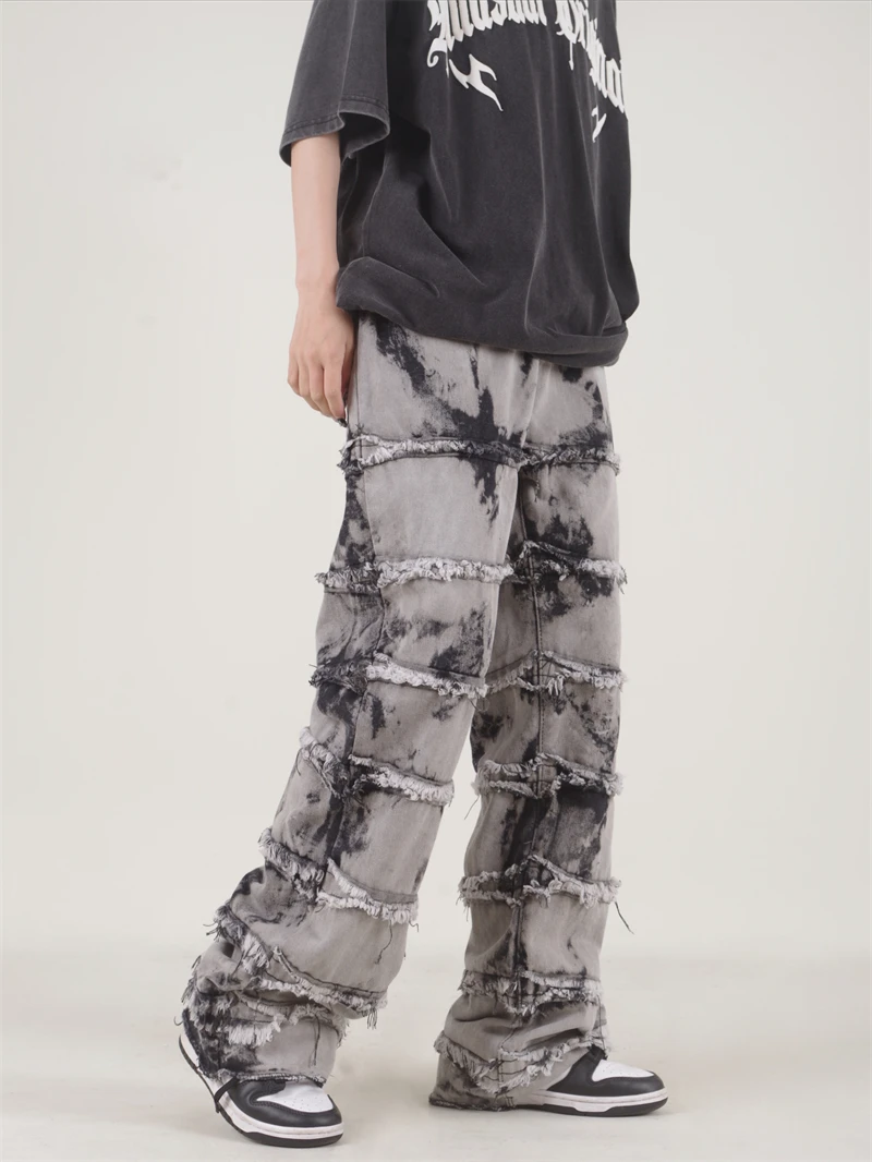 Pantalones vaqueros holgados rectos deshilachados con borlas a rayas para hombre y mujer, ropa de calle informal, estilo Hip Hop, Tie-dye negro,