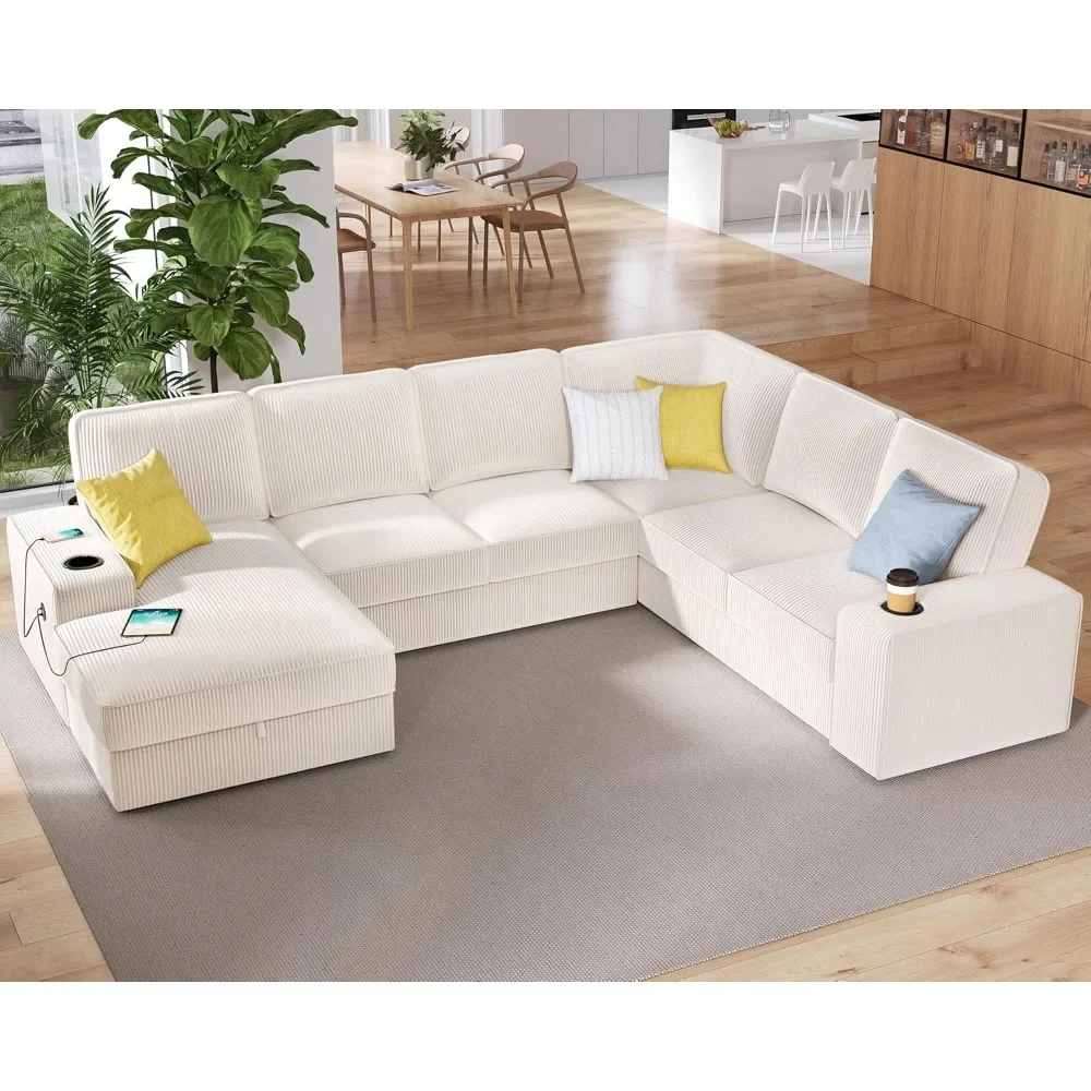 

Oversized Sofa,with Storage Chaise, Sectional Sofa Couch with USB Ports & Cup Holder, Corduroy Couch,U Shaped Couch