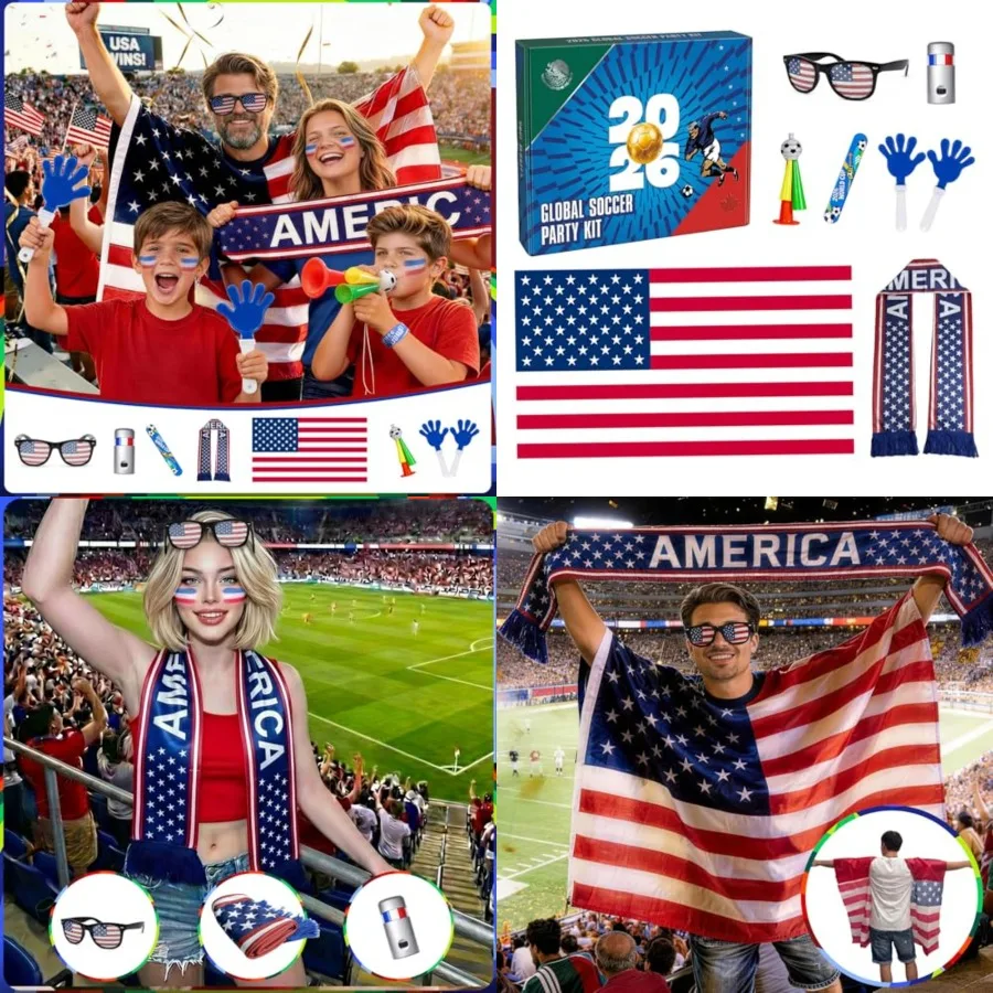 

Soccer Fan Gear Set for 2026 World Tournament, USA Soccer Party Favors Kit with Flag, Scarf, Face Paint, Clapper, HornGlasses,