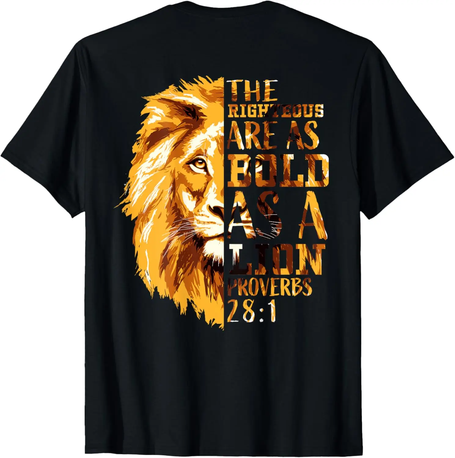 

Christian Bible Verse Gifts Proverbs 28 Lion Graphic on Back T-Shirt