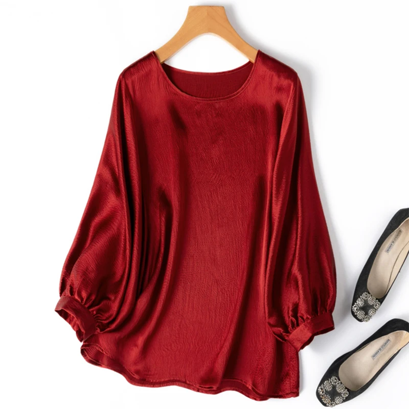 

Женская шелковая блузка из 100% тутового шелка, жемчужный атлас, свободный крой, круглый вырез, длинные рукава-фонарики, красная повседневная футболка M1273