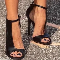 Black Ankle Buckle Sexy Lady Sandals Open Toe Shoes for Women Stilettos High Heels Matte Leather Shoes 2025 Zapatos Para Mujere
