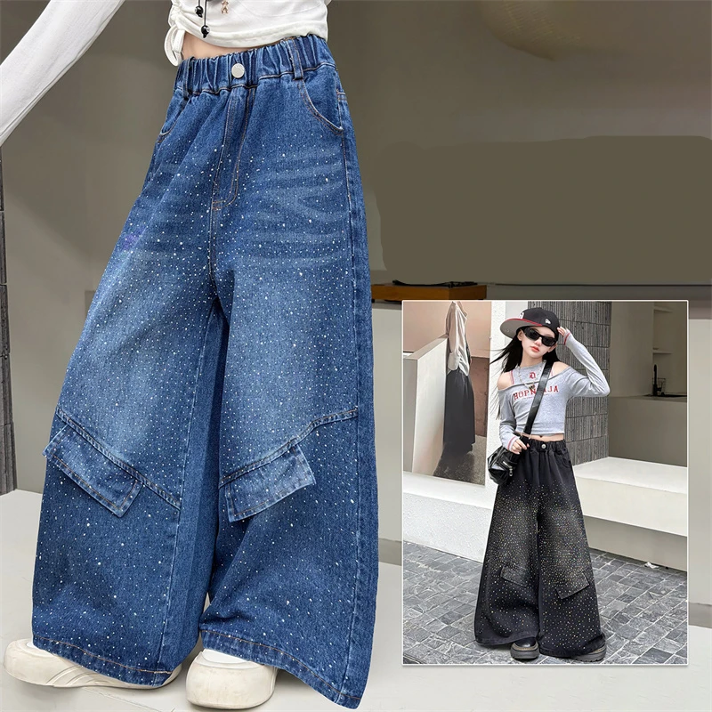 

Hot Sale Spring Fall Kids Girls Rhinestone Sequin Wide Leg Pants Fashionable Loose Jeans Kids Streetwear Cool Straight Trousers