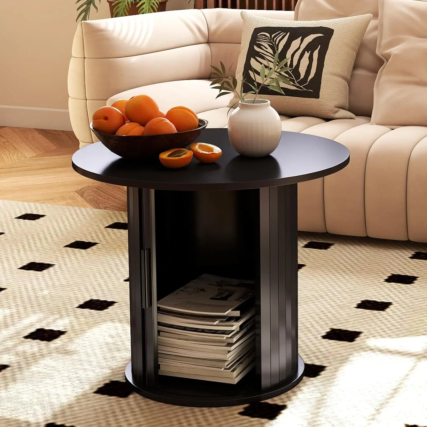 طاولة قهوة خشبية مستديرة مقاس 23.6 بوصة مع مساحة تخزين مخفية وباب منزلق، مجموعات طاولات جانبية للمزرعة الدائرية لغرفة المعيشة وغرفة النوم، Ba