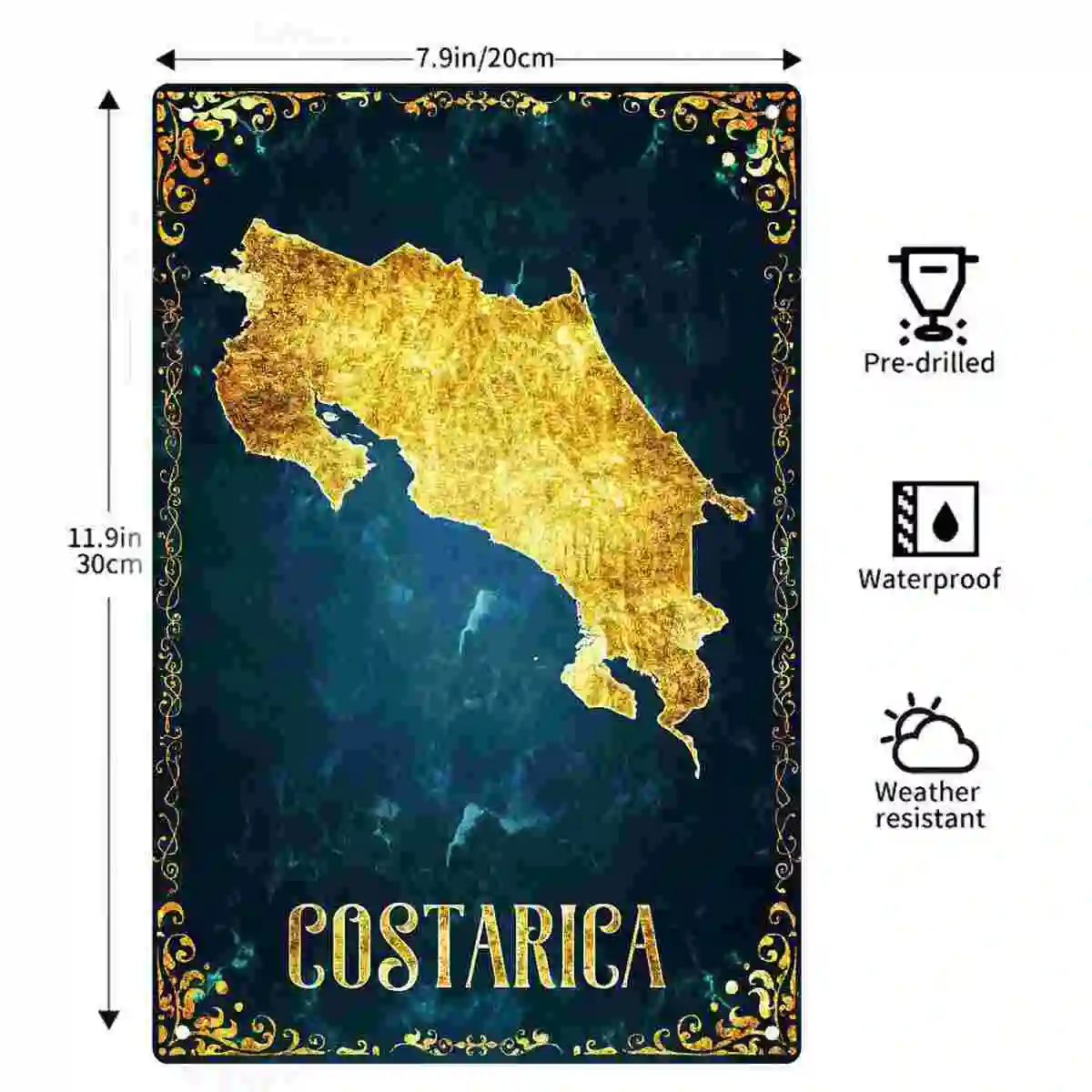 2D FLAT 1pc Costa Rica Golden Map Metal Wall Art Decoration for Home Cafe Garage Bedroom Porch And Garden
