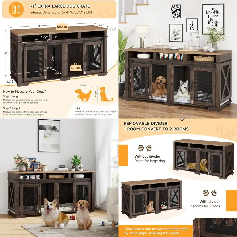 

Indoor Double Dog Crate Table with Storage, Suitable for Large to Medium Dogs, in Walnut/Light Oak Finish