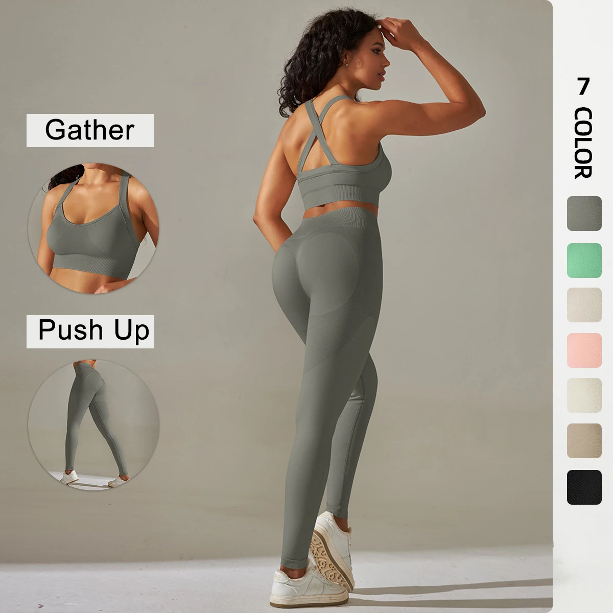 2-teiliges, hochtailliertes, nahtloses Yoga-Sportset in Uni-Farbe, rückenfreier, geraffter Cross-BH, Fitness-Set für Gym, Laufen, Radfahren und Yoga