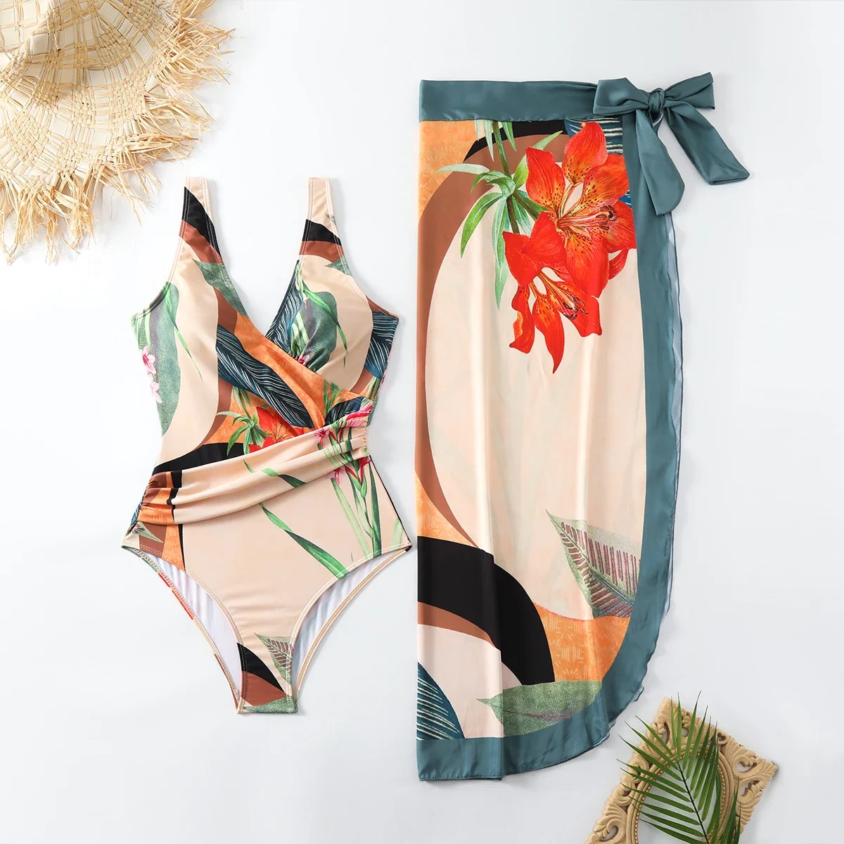 Costume da bagno intero da donna retrò con gonna in garza estiva nuova stampata in vita snellente