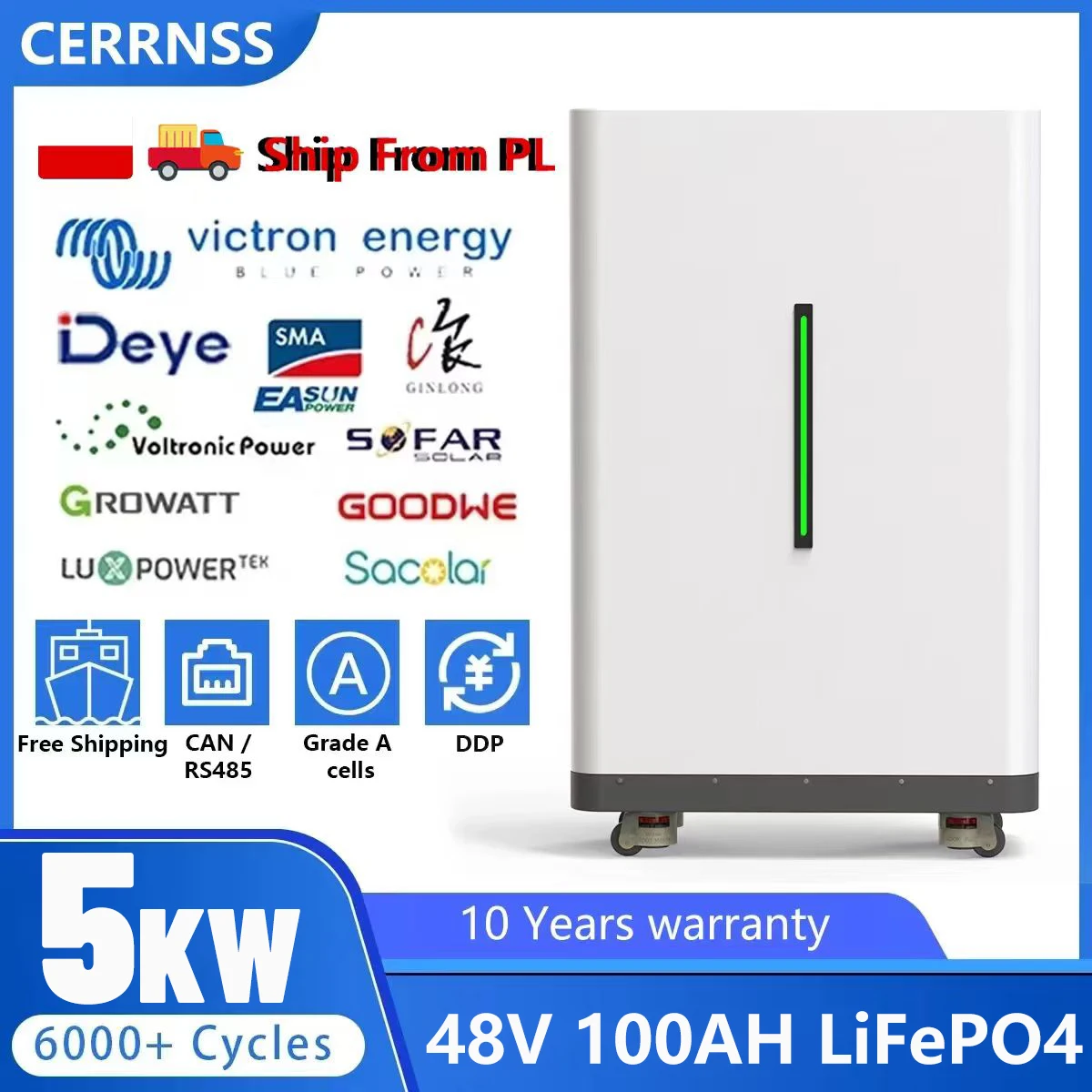 Batterie solaire 48V 100Ah 5Kwh Lifepo4 51.2V 300Ah avec égaliseur actif intégré BMS, plus de 6000 cycles, roues mobiles, stockage d'énergie solaire domestique, entrepôt UE Pologne, livraison rapide, garantie 10 ans, batterie Lifepo4 sûre
