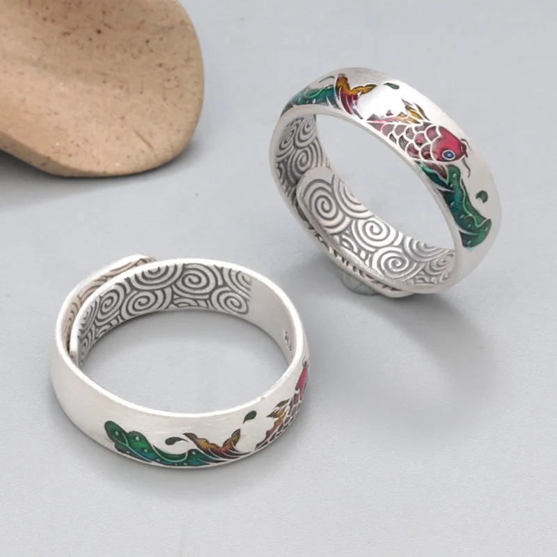 Sterling silver ring female 999 silver drop glue craft koi fish small fish ring female retro open ring jewelry