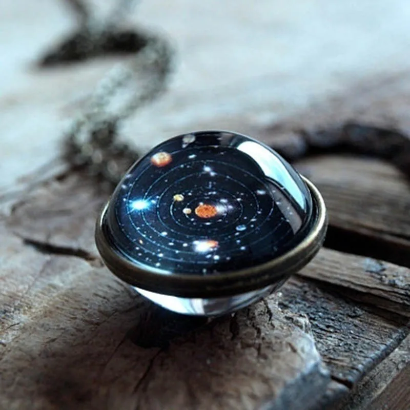 Solar System Pendant Necklace for Women - Double Sided Glass Night Sky Astronomy Jewelry, Unique Birthday Gift