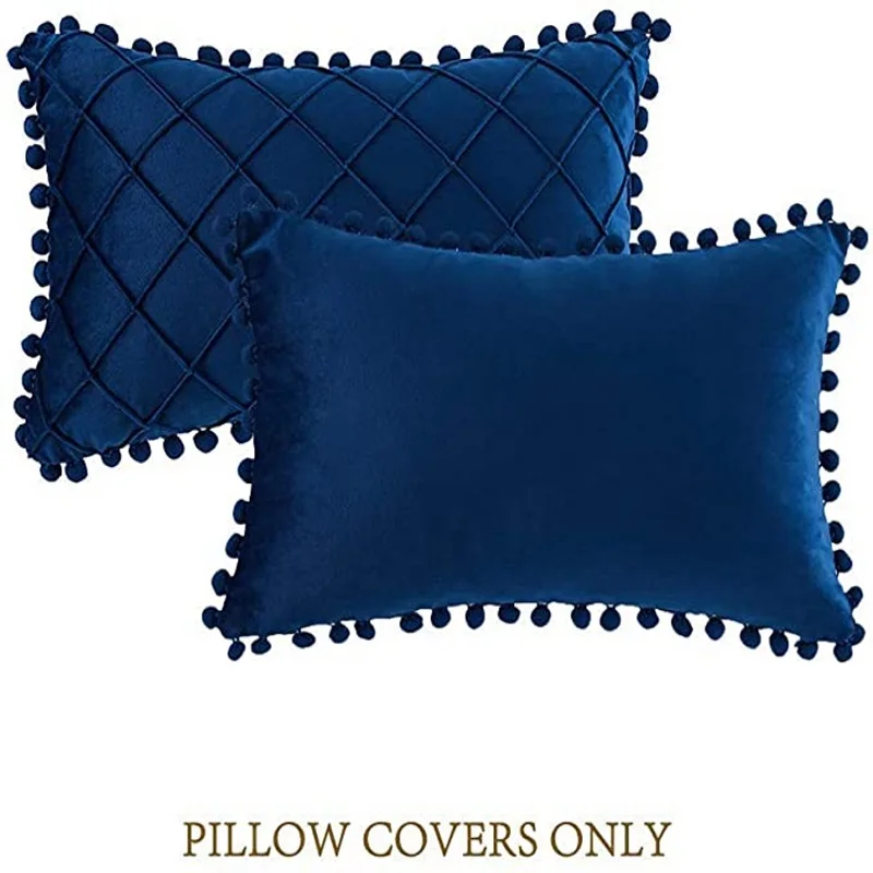 Set of 2 Boho Lumbar Pillow Covers Velvet Plaid with Pom-poms Decorative Rectangle Cushion Cases for Sofa Couch Bedroom Car