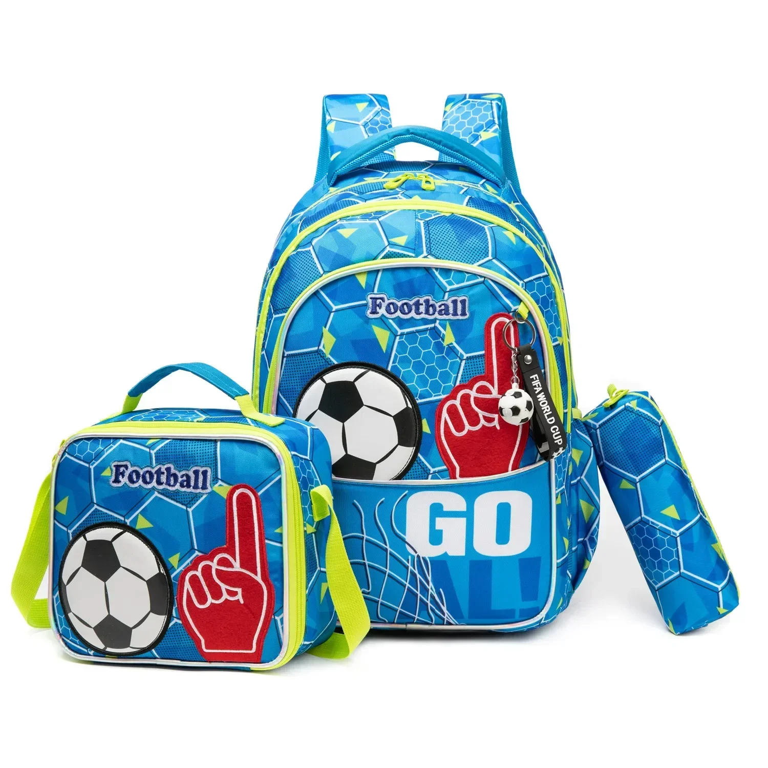 Mochila escolar con estampado de fútbol para niños, bolsa de almuerzo, estuche para lápices, mochila de regreso a la escuela, 3 piezas