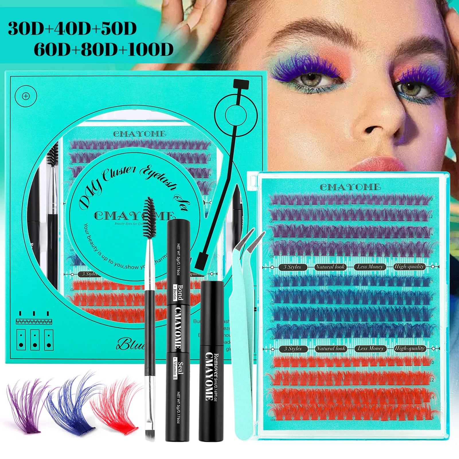 Juego de pestañas postizas de colores, extensiones de grupos de pestañas esponjosas, pegamento de unión y sello, kit de pestañas de color para maquillaje de Cosplay, 80D-100D