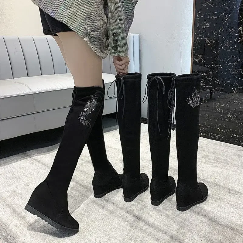 

Women's Black Over The Knee Flat Boots 2025 Autumn Winter New Hidden Platform Slimming Stretchy Crystal Rhinestone Fleece Lined