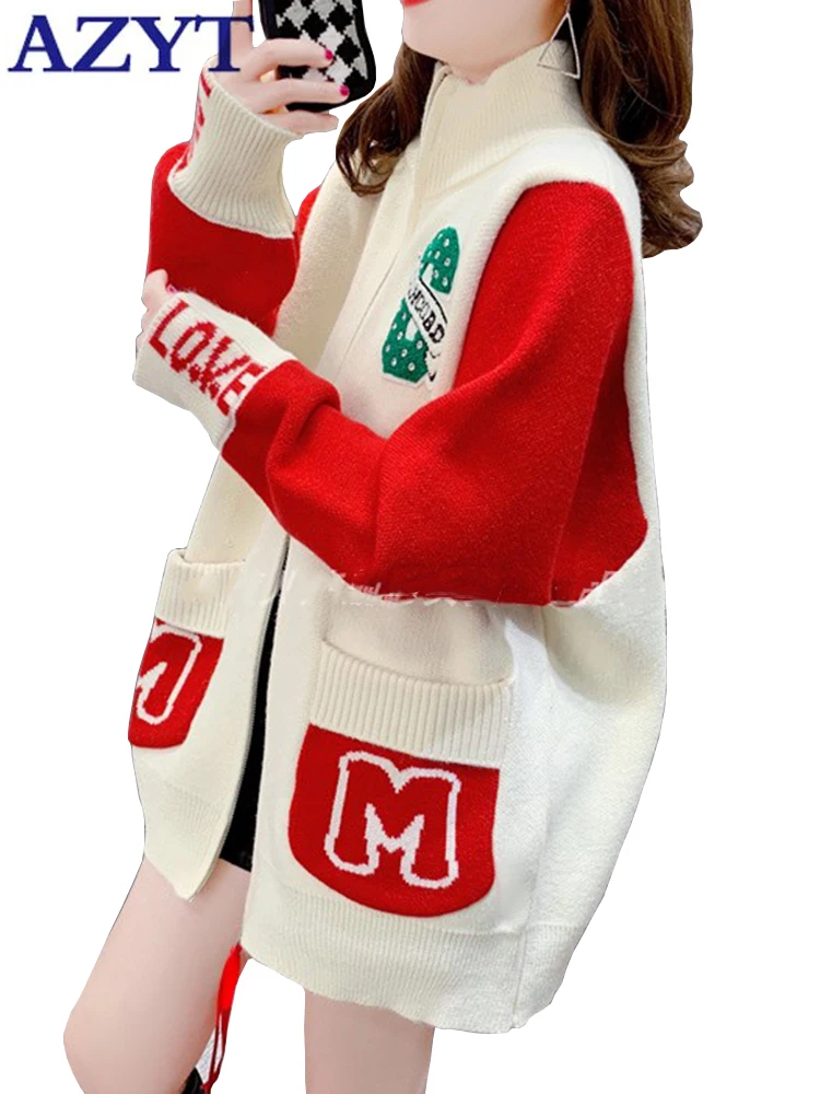 

AZYT Autumn Winter Zipper Sweater Cardigans Female Fashion Letter Sweater Coat For Women 2023 Korean Loose Knitwear Cardigan