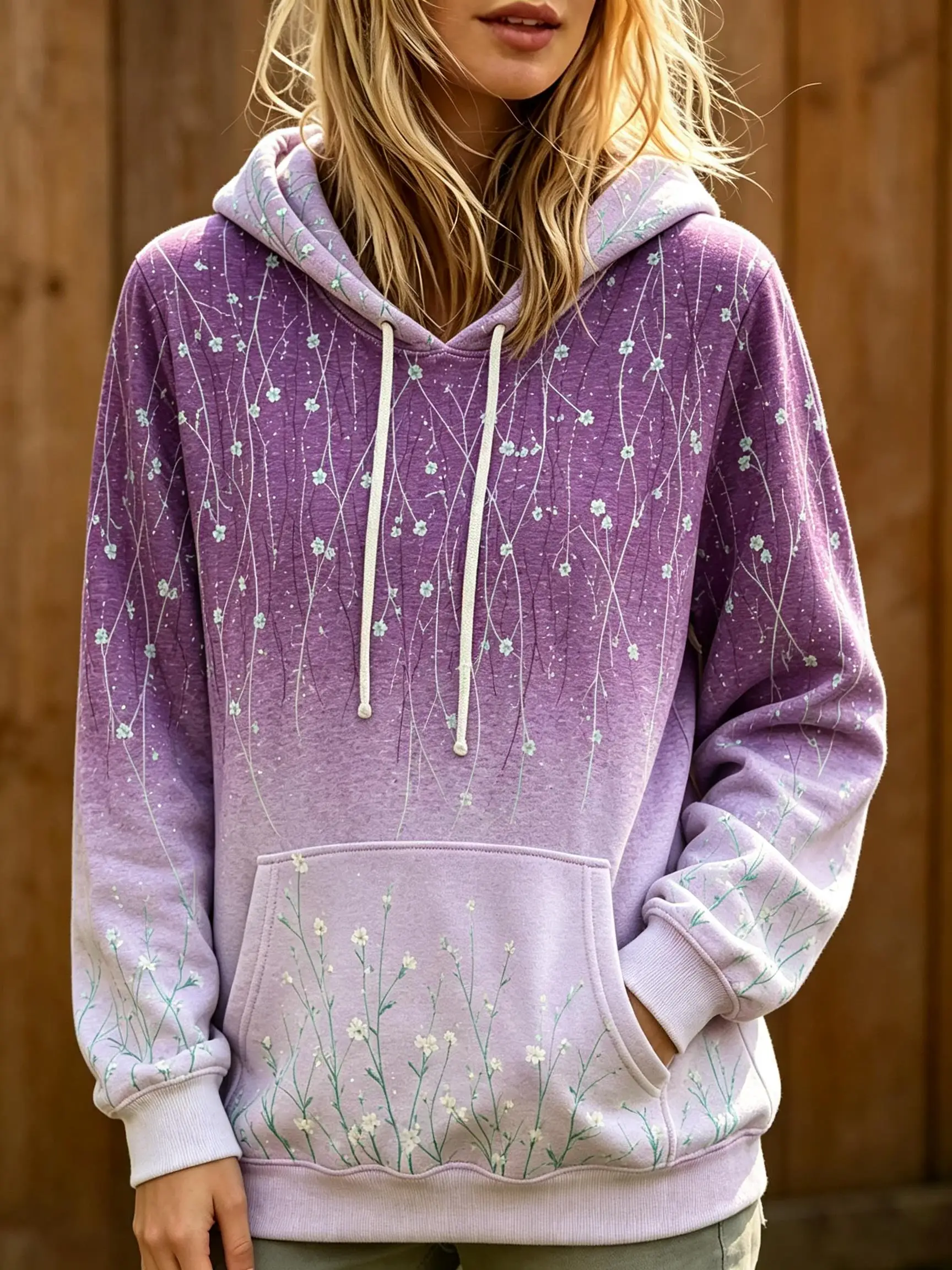 Women Fleece Hoodie Gradient Wildflower Branch All Over Print Soft Aesthetic Oversized Hooded Sweatshirt