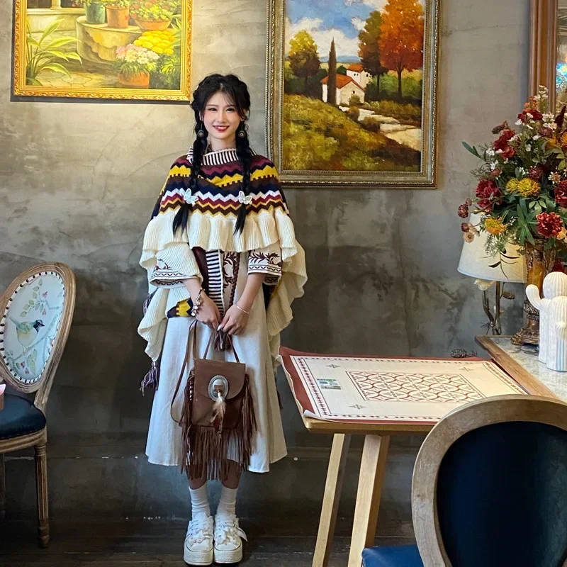 Poncho Vintage Cape เสื้อคลุมสวมใส่โบฮีเมีย Photo Capes ผู้หญิงสไตล์แห่งชาติพู่หนาอบอุ่นฤดูใบไม้ร่วงฤดูหนาวถักเสื้อสเวตเตอร์ถัก B2