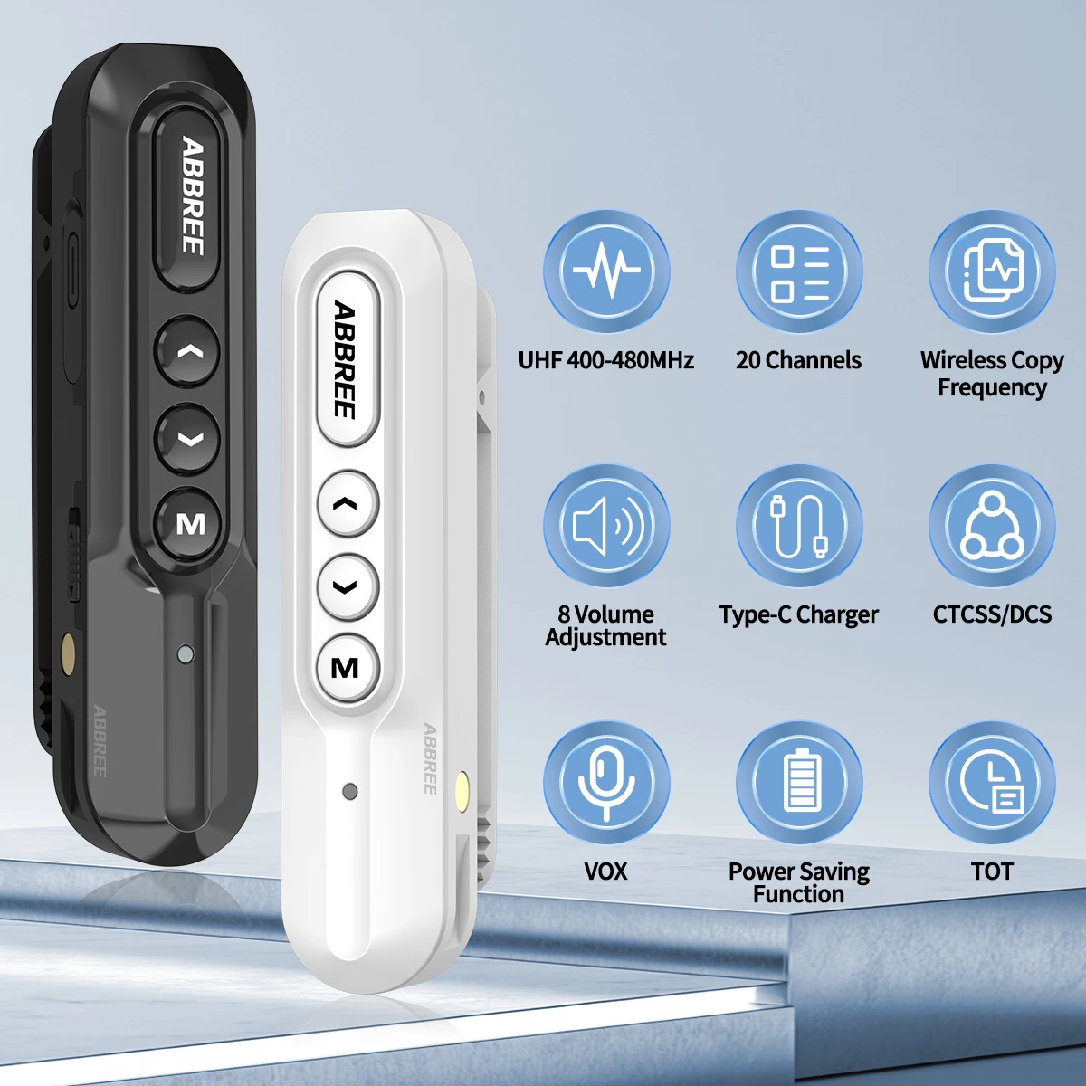 ABBREE AR-W5 Collar Clip Mini Walkie Talkie Wireless Copy Frequency 8 Volume Adjustment 20CH Type-C Chager UHF Handsfree Radio