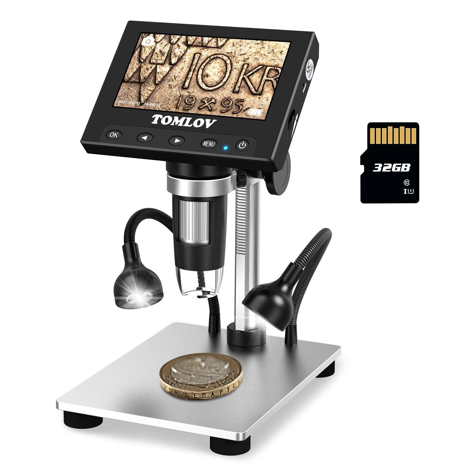 

TOMLOV DM4S Coin Microscope 1000X 4.3" LCD Digital Microscope LED Side Lights Metal Stand PC View Photo/Video Microscope