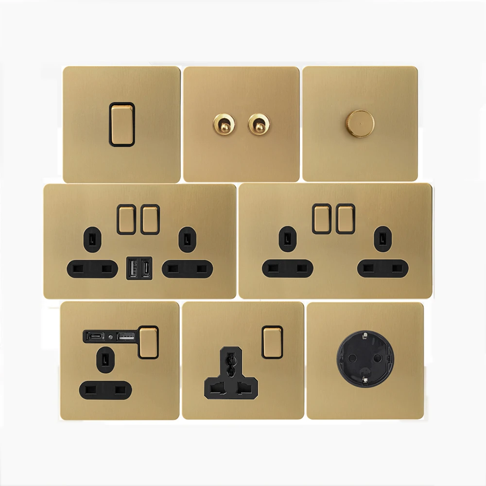 

Настенный кнопочный переключатель типа 86, металлическая ретро-золотая матовая панель из нержавеющей стали, розетка для Великобритании для дома, проживания в семье, отеля