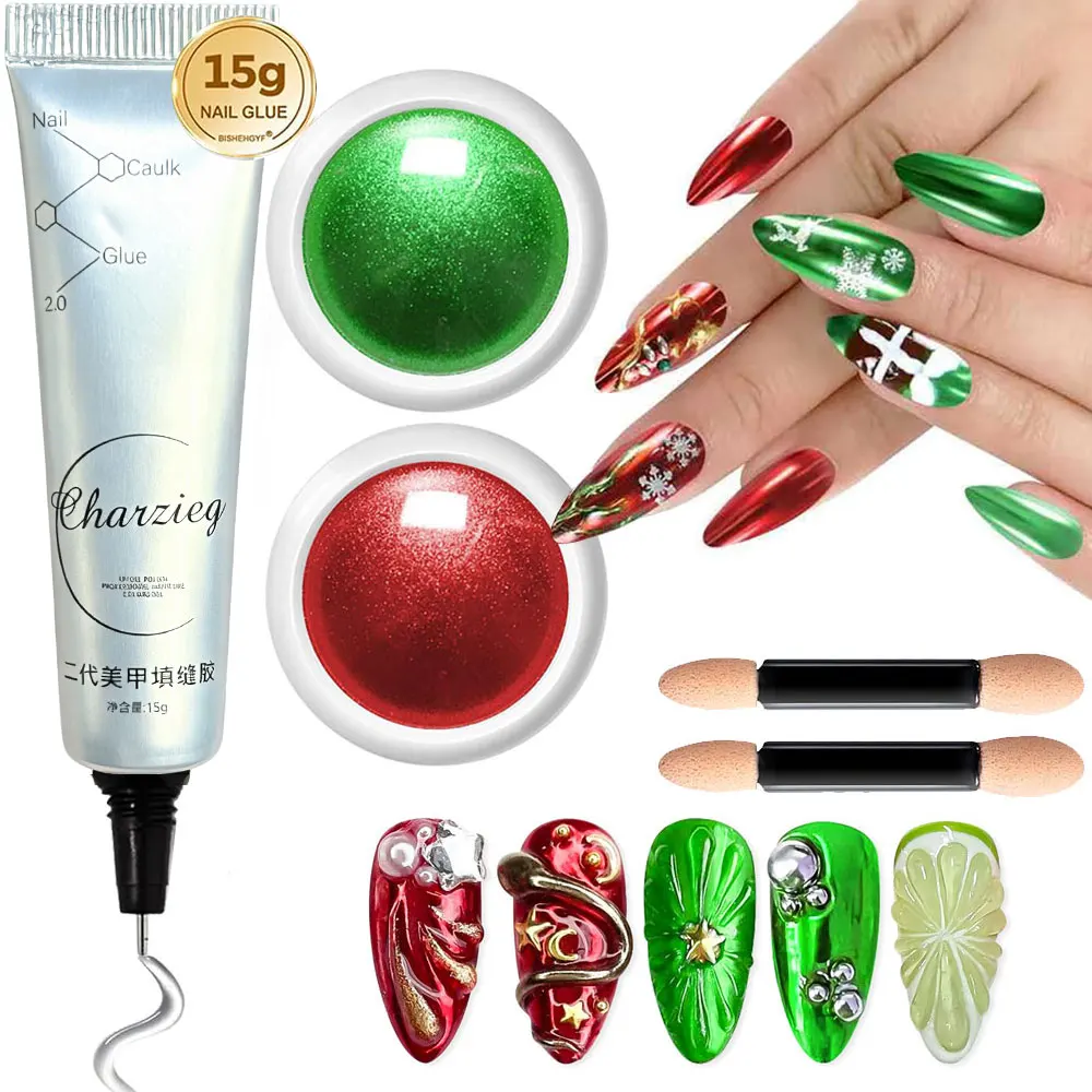 3pcs 3D Nail Sculpting Gel & Chrome Nail Powder Set Silver Gold Maigic Mirror Nail Powder 3 In 1 Rhinestones Glue Modeling Gel