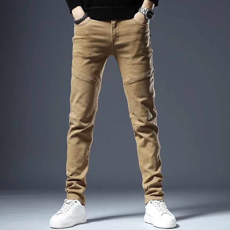 

Мужские джинсы в американском стиле на флисовой подкладке, утепленные, осенне-зимние, винтажные, с эффектом потертости, в стиле пэчворк, мотоциклетные, длинные брюки, повседневные, кофейного цвета.