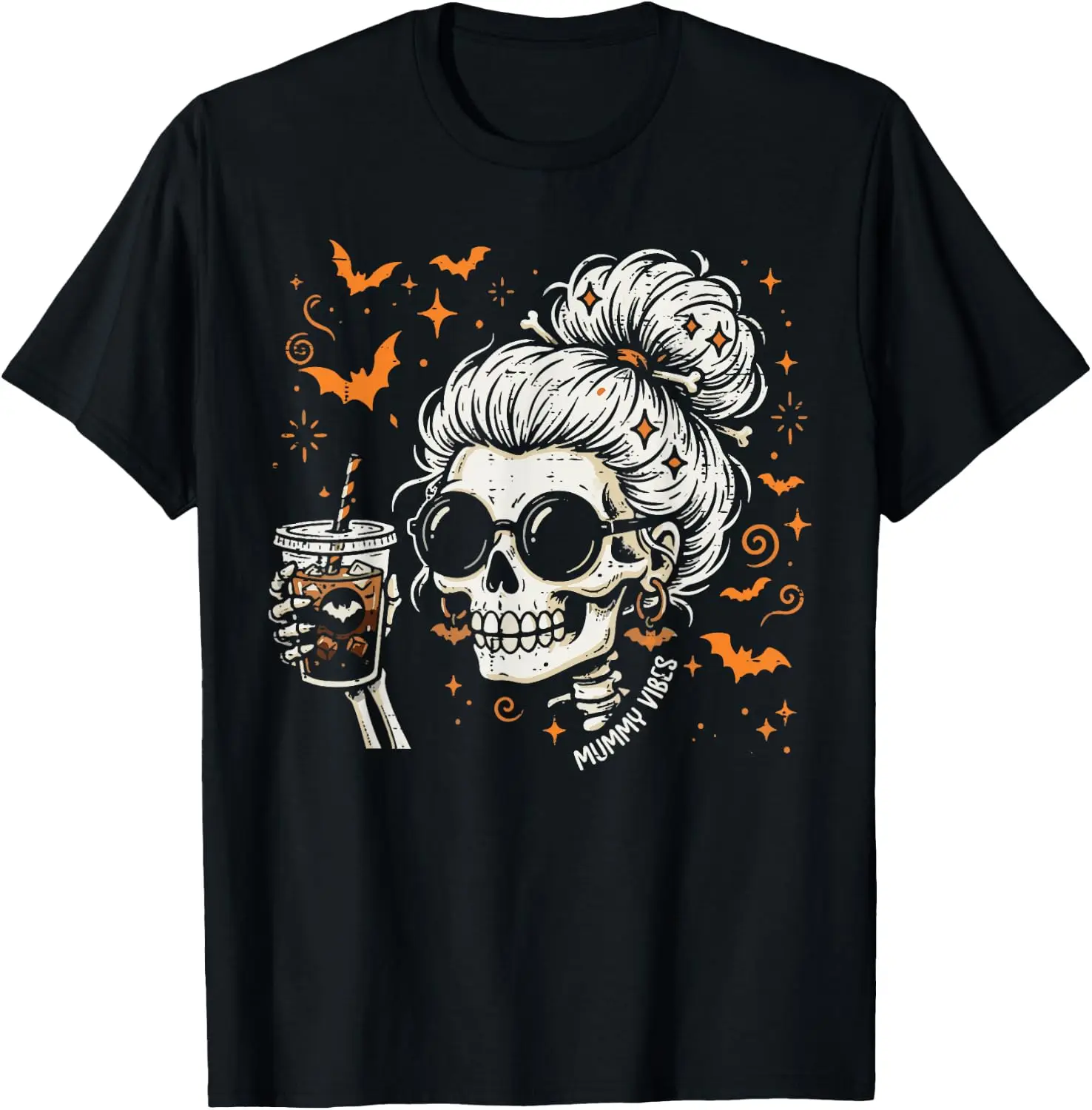 Halloween Skeleton Bun Iced Coffee Mummy Vibes Costume Women T-Shirt Men Women Unisex Novelty Graphic T‑Shirt, Classic Crew Neck 100% Cotton Tee, Lightweight Anti‑Pilling Breathable Casual Tops, Year‑Round Daily Outfit, Holiday Birthday Present Tee